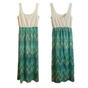 Lily Rose Maxi Dress Size M Women’s Cream Lace Green Aztec Tribal Pattern Lined